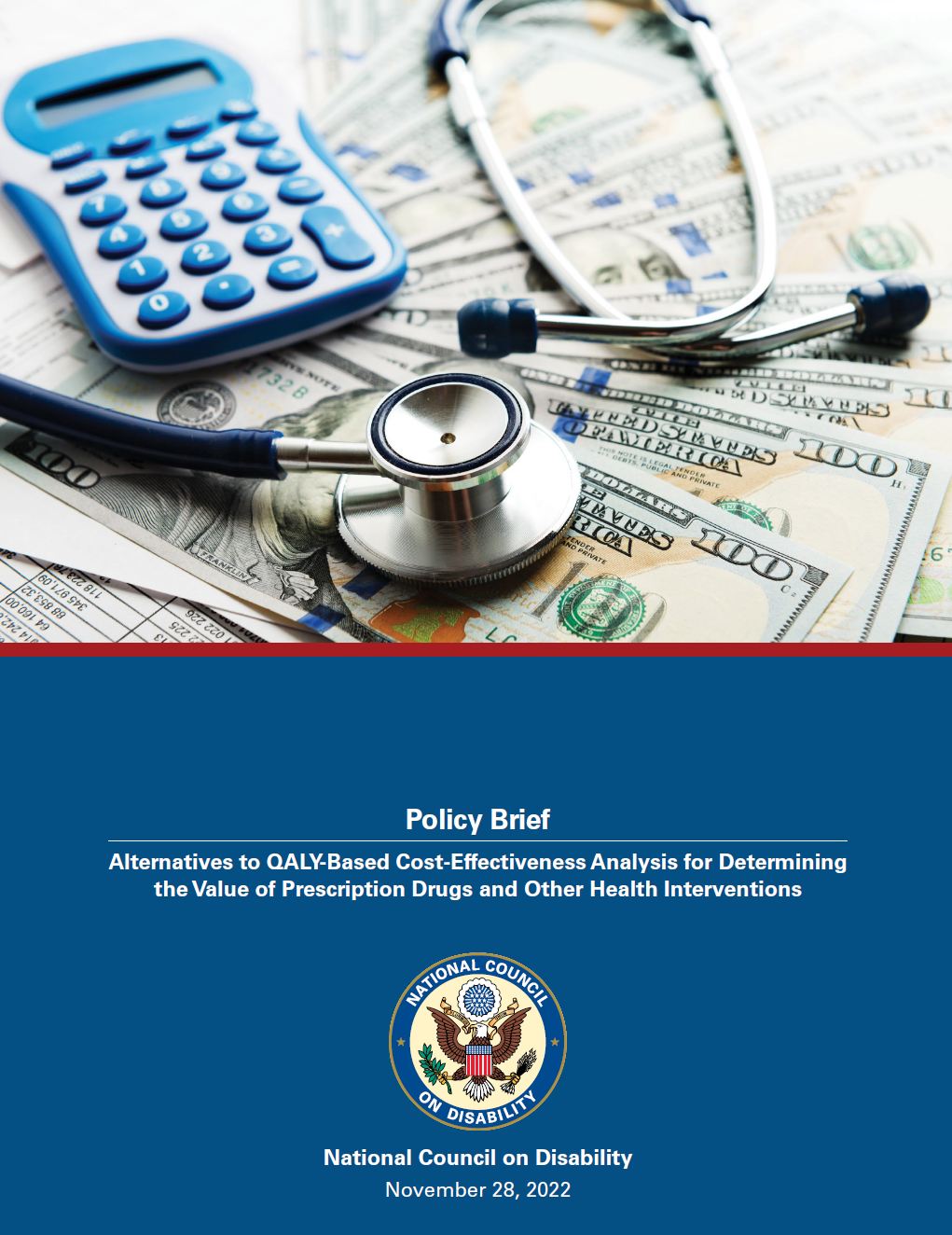 Report cover with photo of calculator and stethoscope over money. A blue rectangle with the report title and NCD seal are below. 