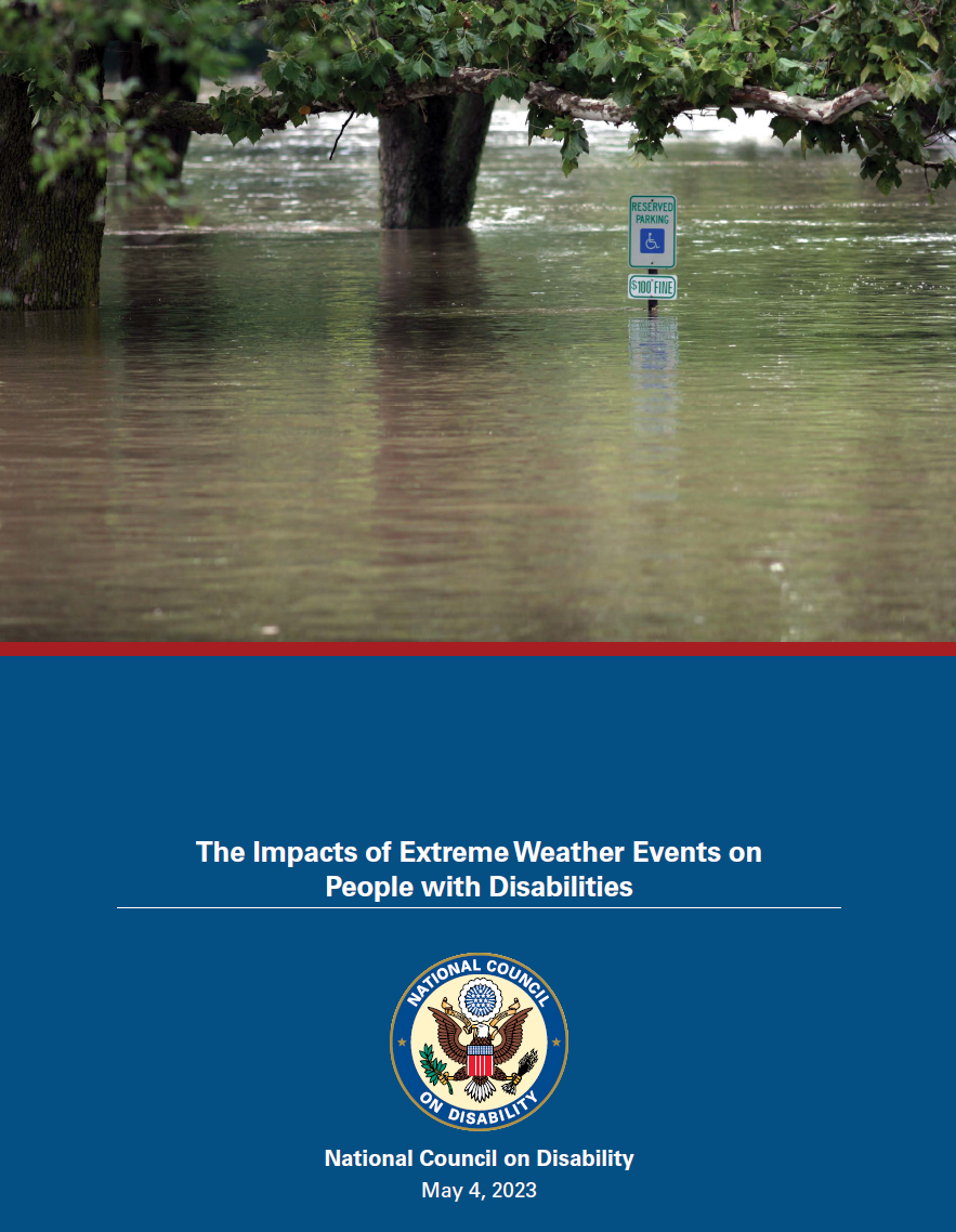 Report cover includes image of flooding with Handicapped Parking Sign sticking out of the water. Below is a blue rectangle with NCD seal and title.