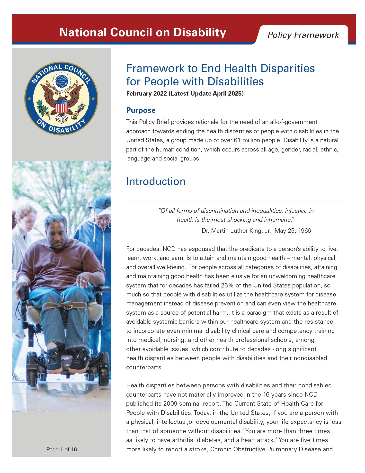 Framework cover with NCD seal and photo of black man entering a building in an electric wheelchair. 