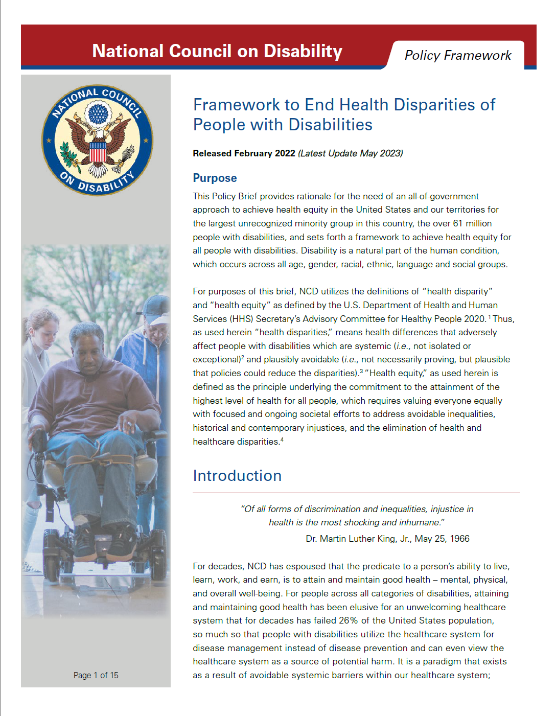 Framework cover with NCD seal and photo of black man entering a building in an electric wheelchair. 