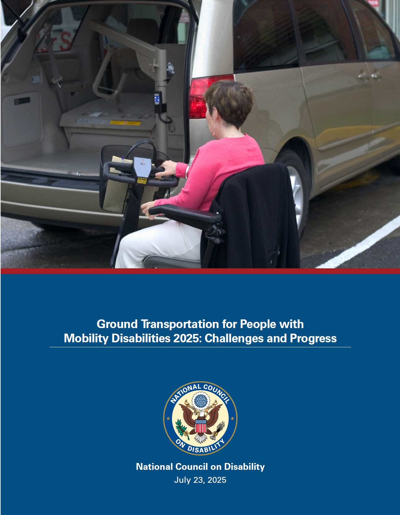 NCD report cover showing a woman using a motorized scooter approaches her minivan from the rear. The minivan’s trunk door is open upward and a lift system with hook is visible in the rear of the van.
