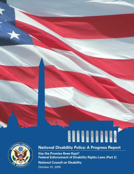 U.S. flag background with silhouette of capital buildings in blue. NCD seal below with title of report.